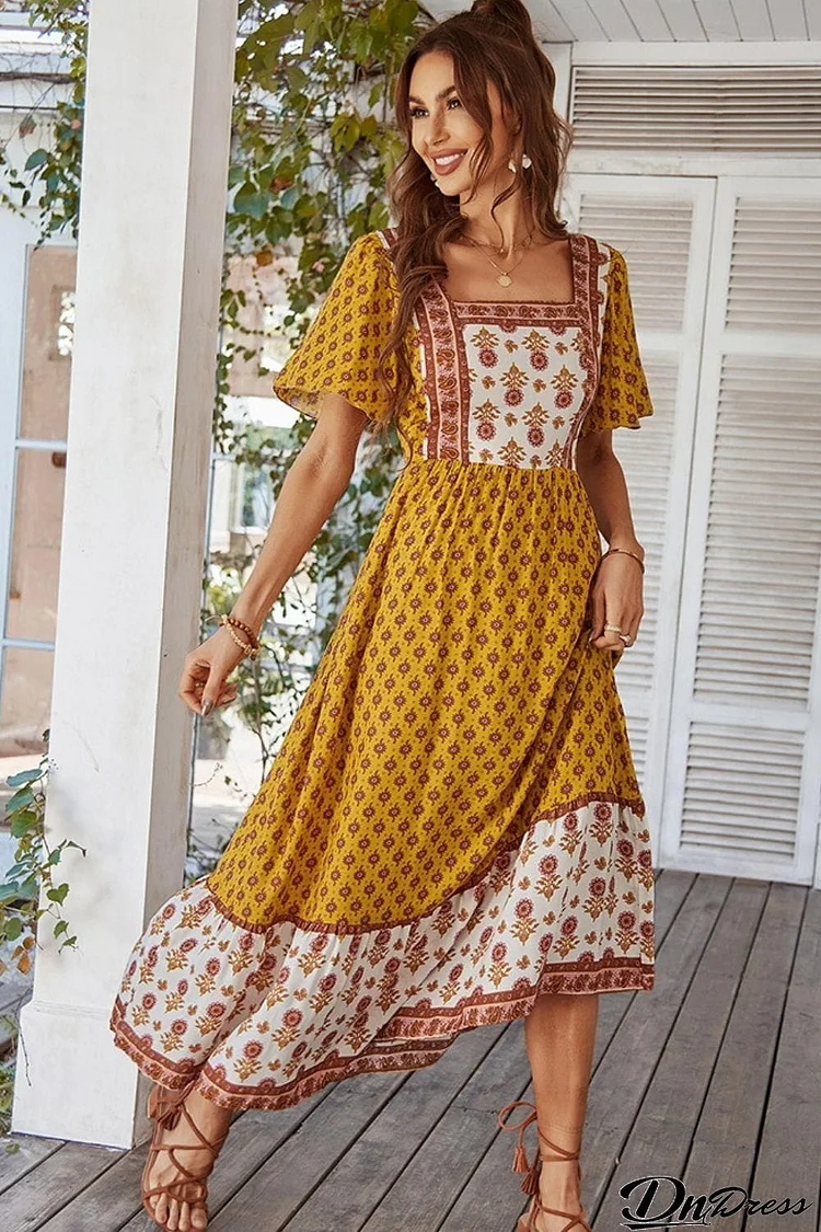 Bohemian Square Neck Flutter Sleeve Maxi Dress