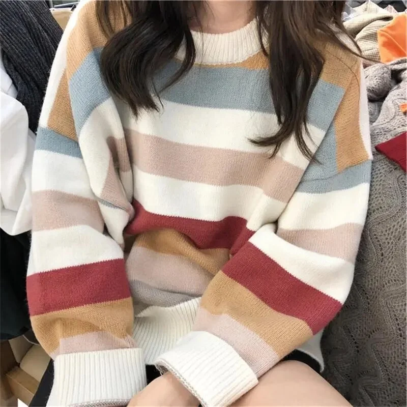 Autumn Design Elegant Stripe Sweater Women Long Sleeves Casual Knitting Sweater Korean Fashion Loose Mujer Pullover New