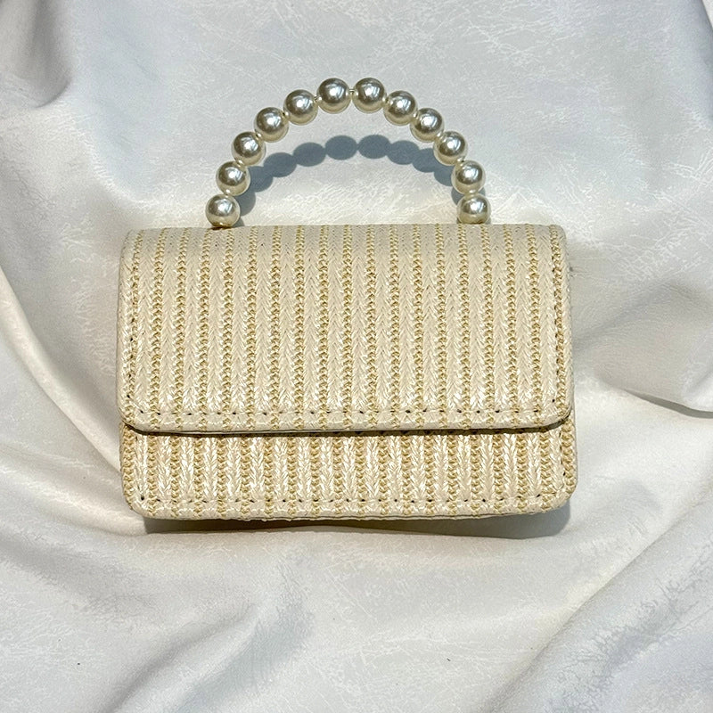 Women's Straw Solid Color Vacation Beading Pearls Weave Square Magnetic Buckle Flip Cover Shoulder Bag Handbag Crossbody Bag