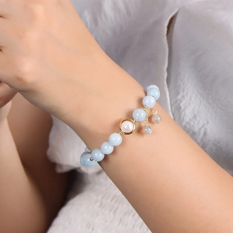 Aquamarine Pearl Healing Moonstone Beads Charm Bracelet