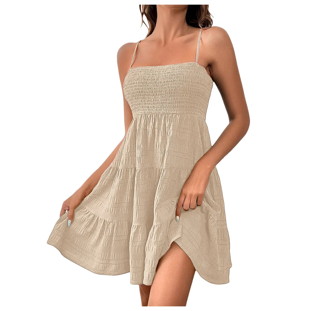 Women's Bohemian Beach Style Sleeveless Backless Big Swing Solid Spaghetti Strap Ruffles Dress 