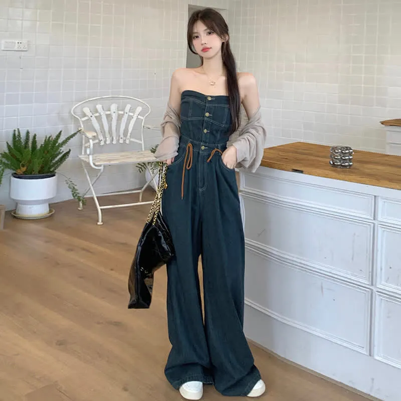 Pure Color Knit Cardigan Off The Shoulder Lace Up Denim Overalls