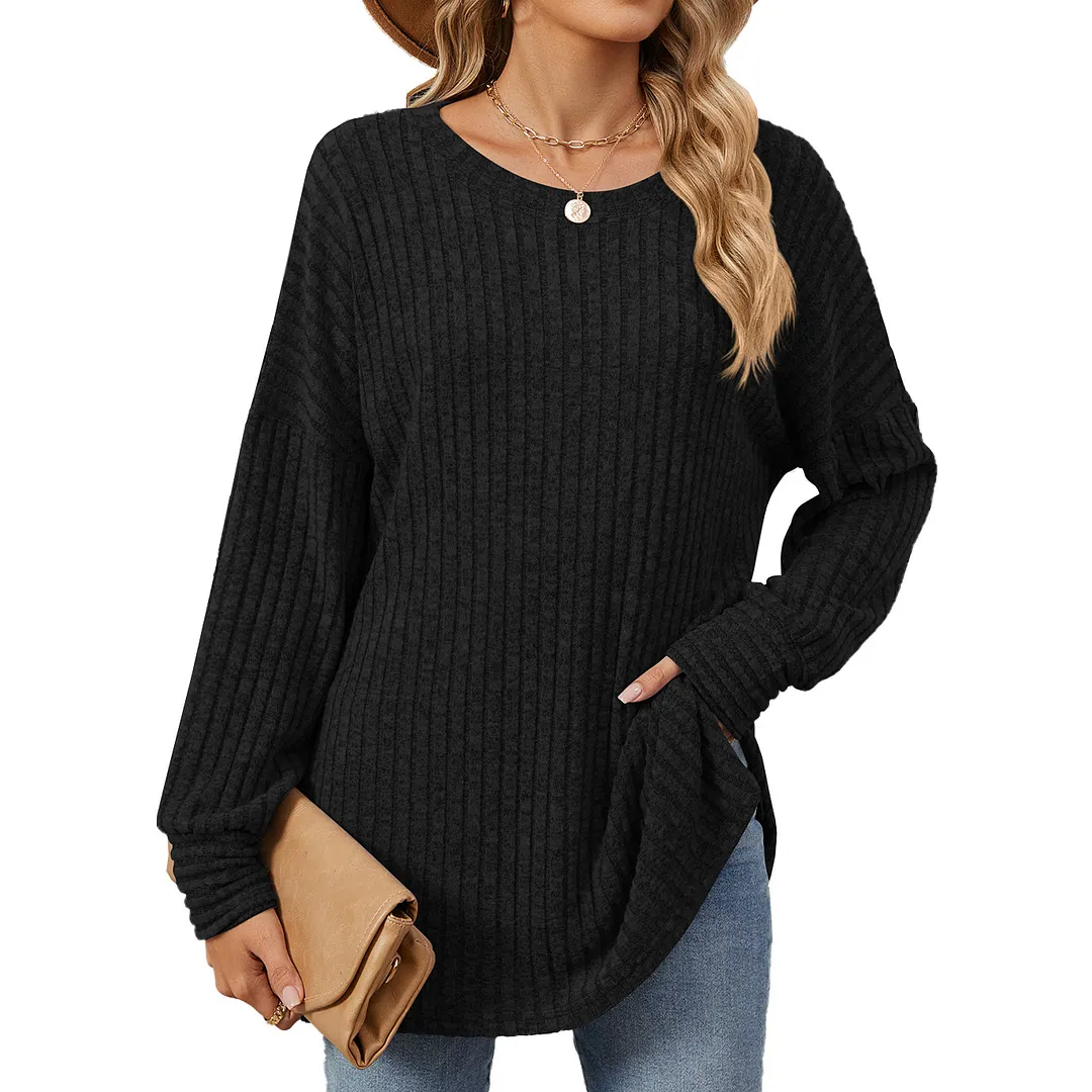 Churchf Churchf / Winter 2024 New Round Collar Pit Strip Solid Color Casual Long-Sleeved T-Shirt Top