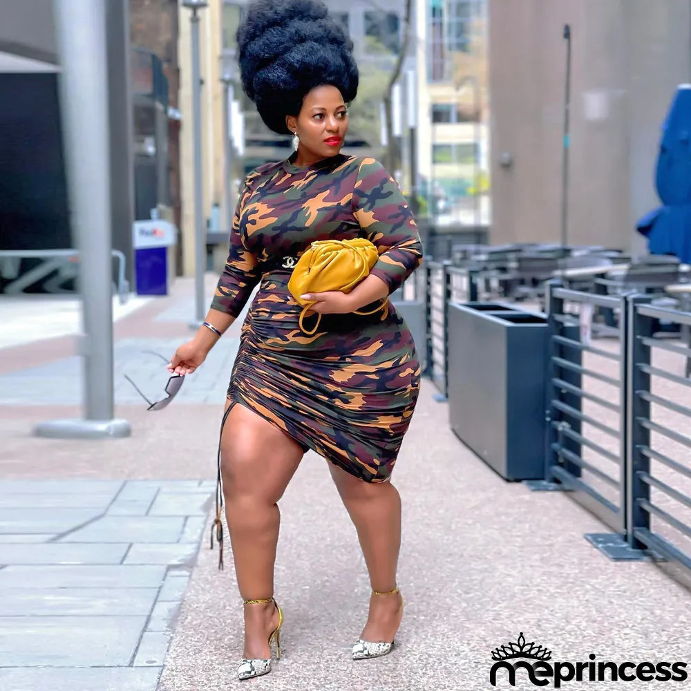Plus Size Camo Print Drawstring Ruched Midi Dress