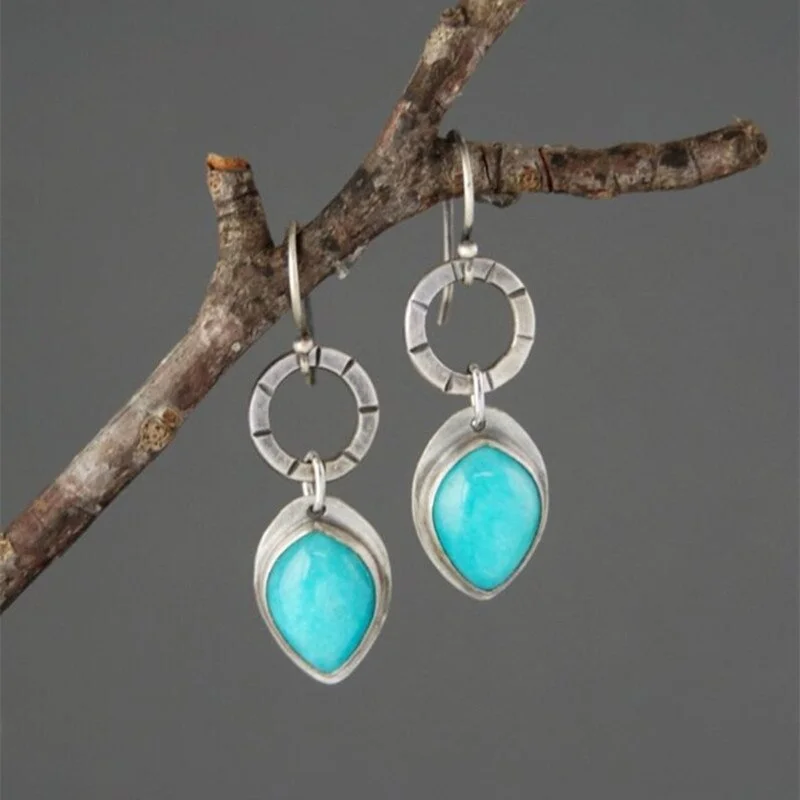 Vintage Drop Shape Green Stone Earrings Fashion Metal Hoop Drop Earrings for Women