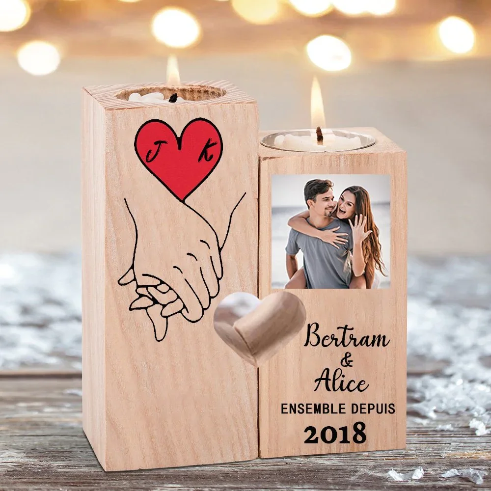Couple Wooden Candle Holder Hand Gesture Heart Promise Candlesticks