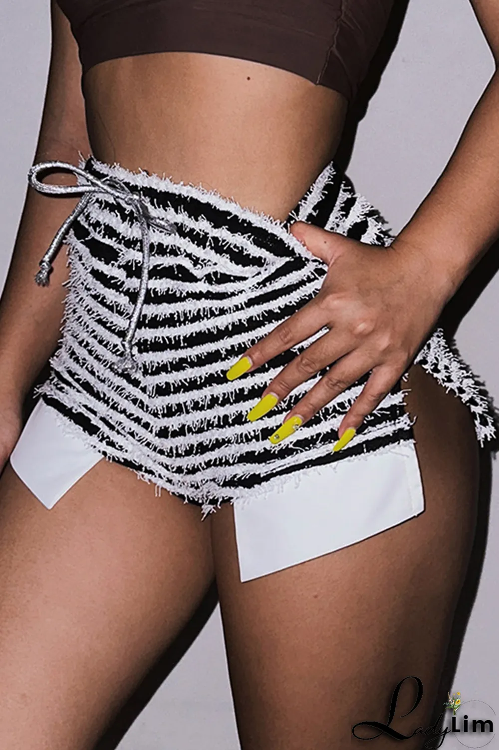 Yellow Sexy Striped Patchwork Draw String Skinny High Waist Pencil Full Print Bottoms