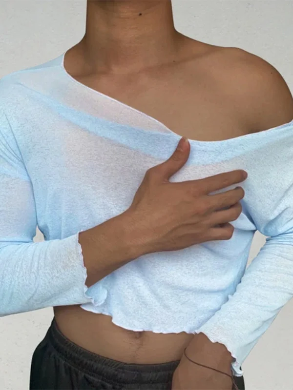 Aonga - Sexy Slanted Shoulder Cutout Long Sleeve Crop Top