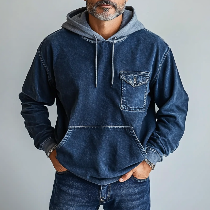 Men's Casual Flap Pocket Drawstring Denim Hoodie