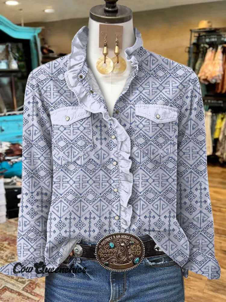 Women’s Retro Ethnic Texture Art Print Casual Long Sleeve Comfortable Cotton Shirt Multicolor / S