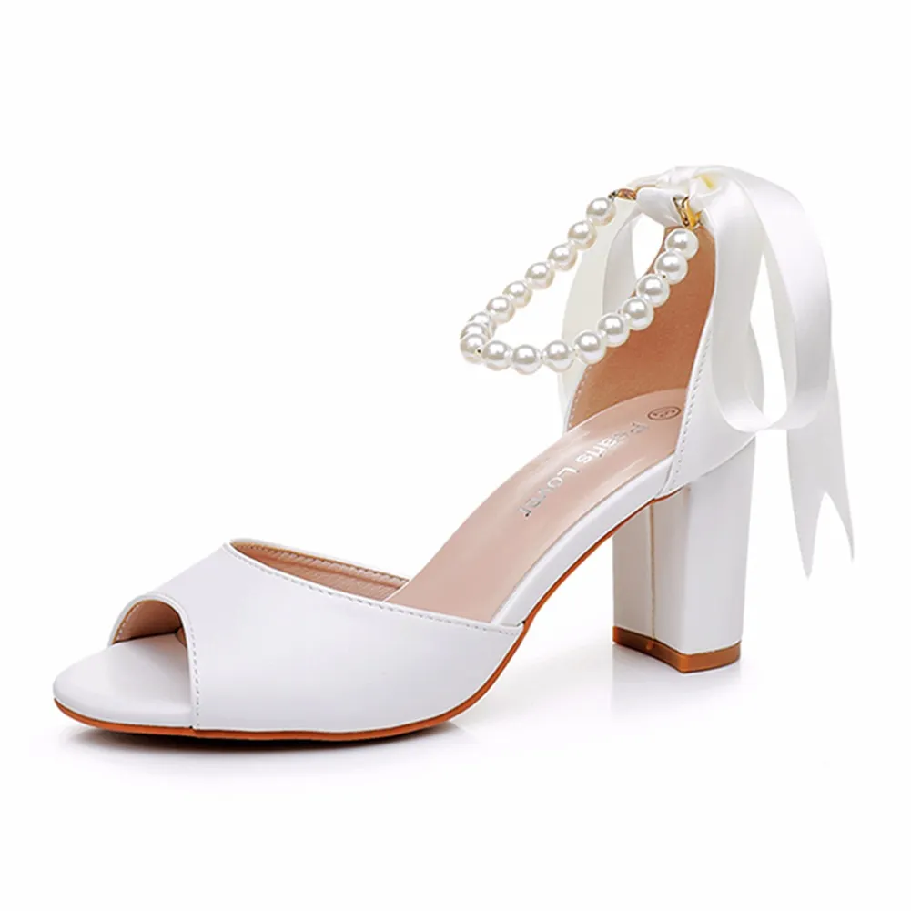 Breakj Breakj Cm Fish Mouth Coarse Sandals Shallow Buckle With Large-Size Beads Drifting Sandals Bride White Coarse Sandals Woman