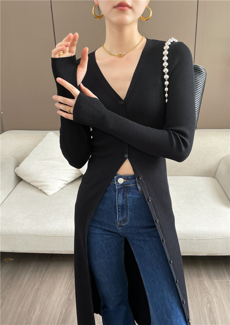 leapord halloween outfit Autumn and Winter Deep V Leader Opening Hole Slim Slimming Paper Piece Cardigan Inner Dress