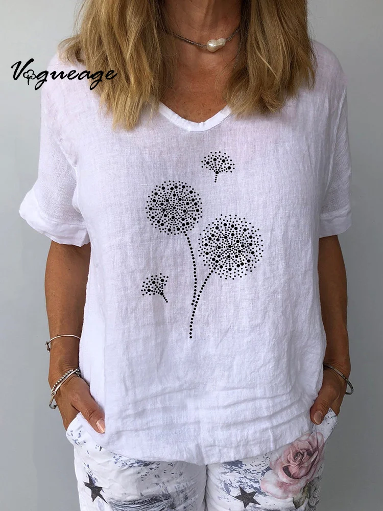 Loose Casual Dandelion Printed Cotton And Linen Top