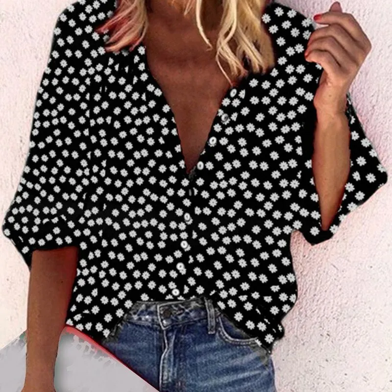 Floral Print V-neck Blouses And Tops With Button Big Size Women Clothing 2XL Plus Size Women Tunic Shirt 2020 Autumn