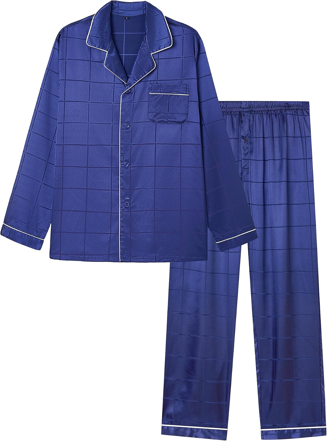 Jupitersecret Men's Silk Pajamas Set Long Sleeve Button-Down Sleepwear With Pockets，Blue&white