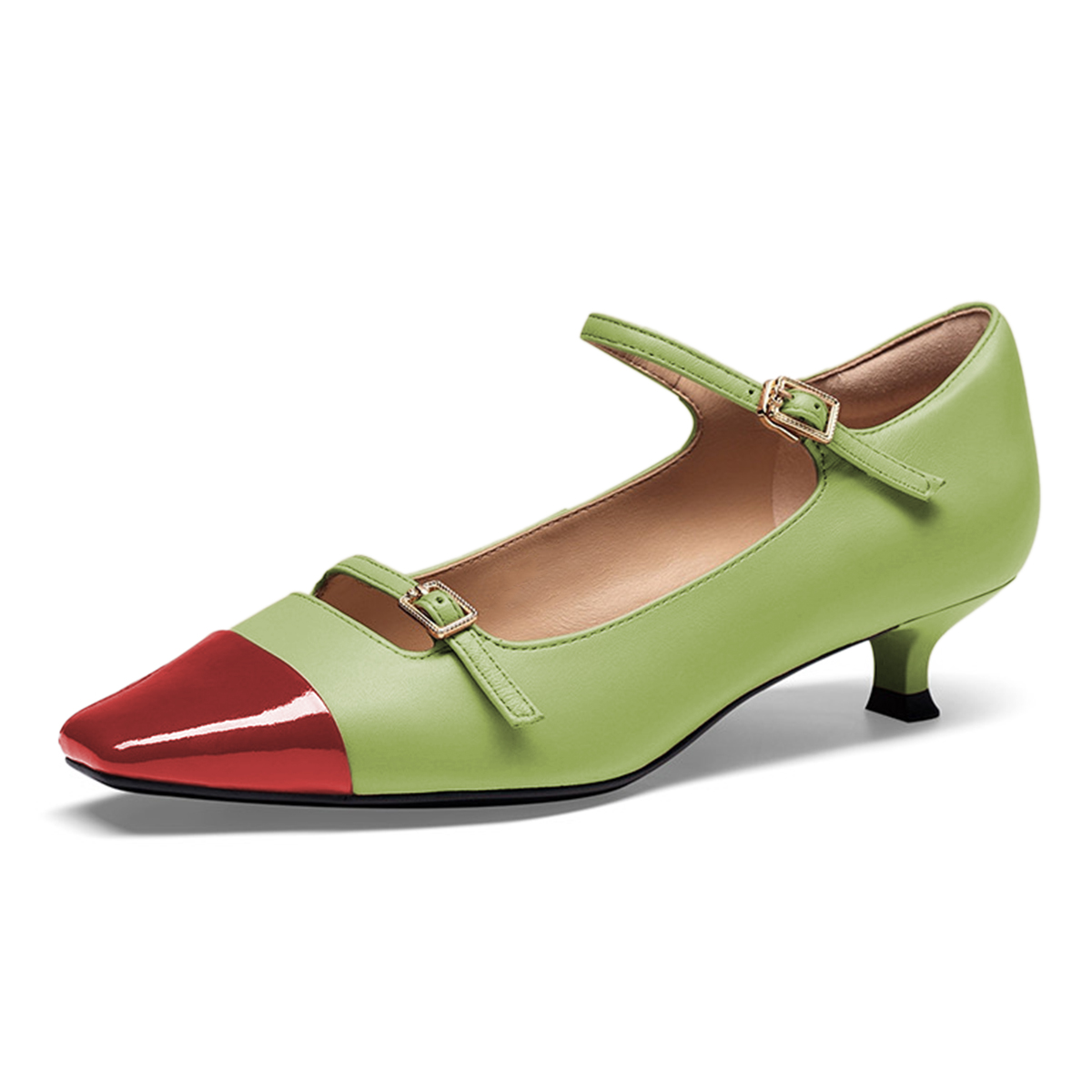 Green & Red Square Toe Kitten Heel Double Buckled Straps Pumps Shoes Nicepairs