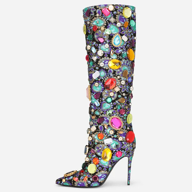 Multicolor Stone Knee High Elegant Stiletto Heels Pointy Boots Vdcoo