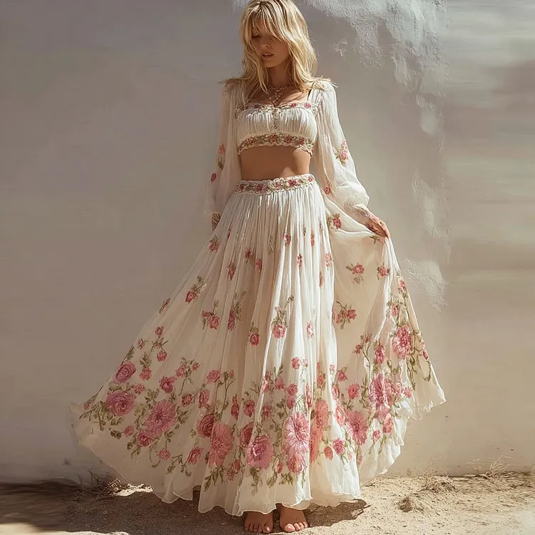 Vintage Boho Roses Art Pattern Flowy Linen Skirt