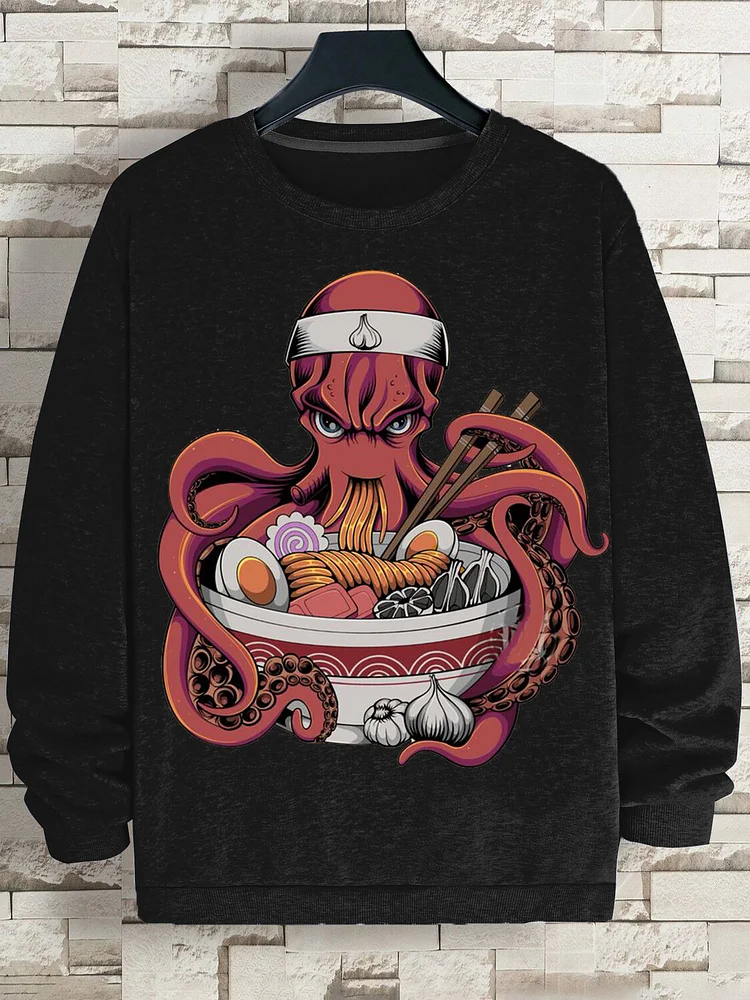 85% Cotton Men's Octopus Eating Ramen Japanese Art Print Casual Sweatshirt