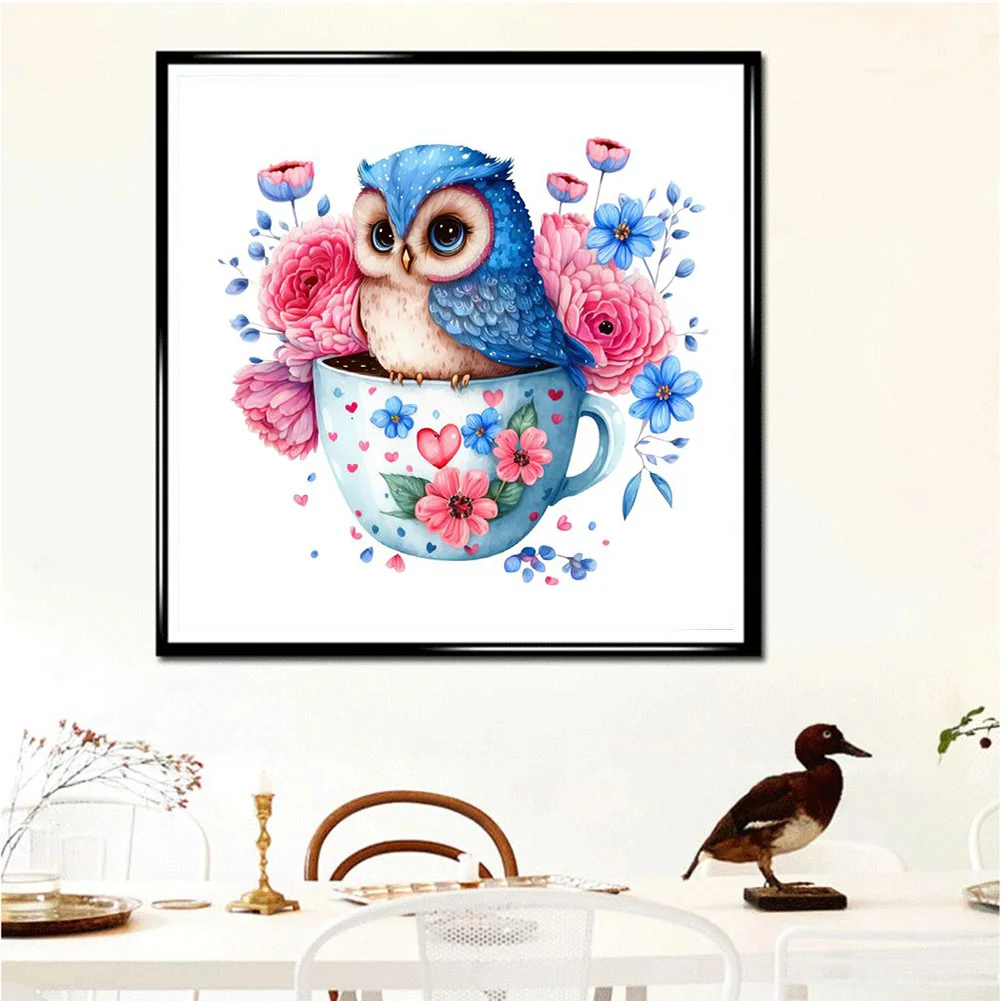 Full Round Diamond Painting 30*30cm - Blue Flowers Owl