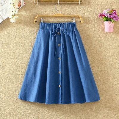 High Waist Skirt Casual Striped Bow Denim Women Solid Color Long Skirt Female Elegant Big Hem Casual Button Jean Skirt