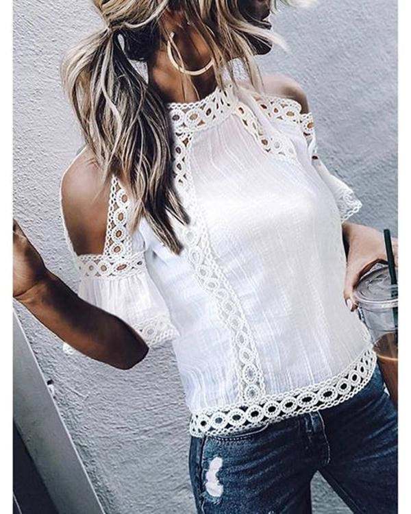 Elegant Bell Sleeve Hollow Out See-Through Tops - Chicaggo