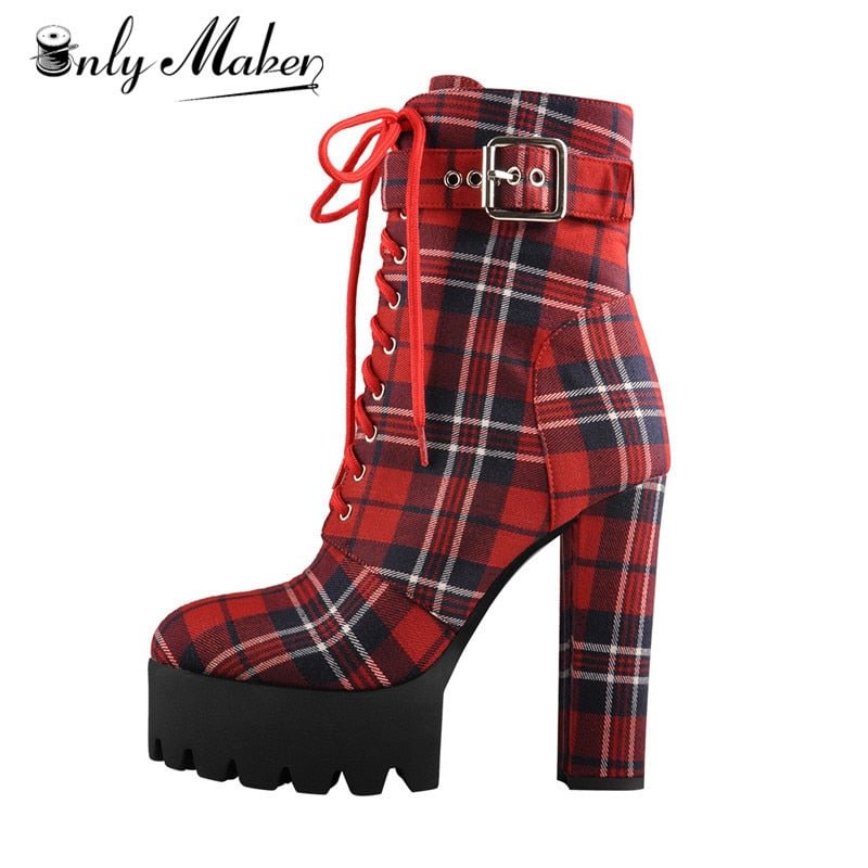 OnlyMaker Women's Platform Ankle Boots Buckle Strap Chunky Heel Red Plaid Lace Up Side  Zipper Round Toe Booties For Winter
