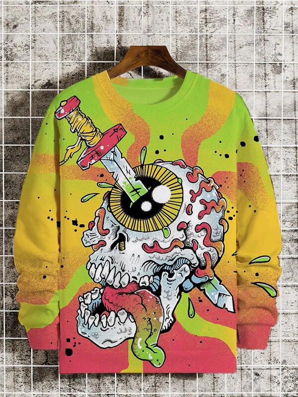 Men's Psychedelic Sword Piercing Skull Eye Art Print Casual Sweatshirt
