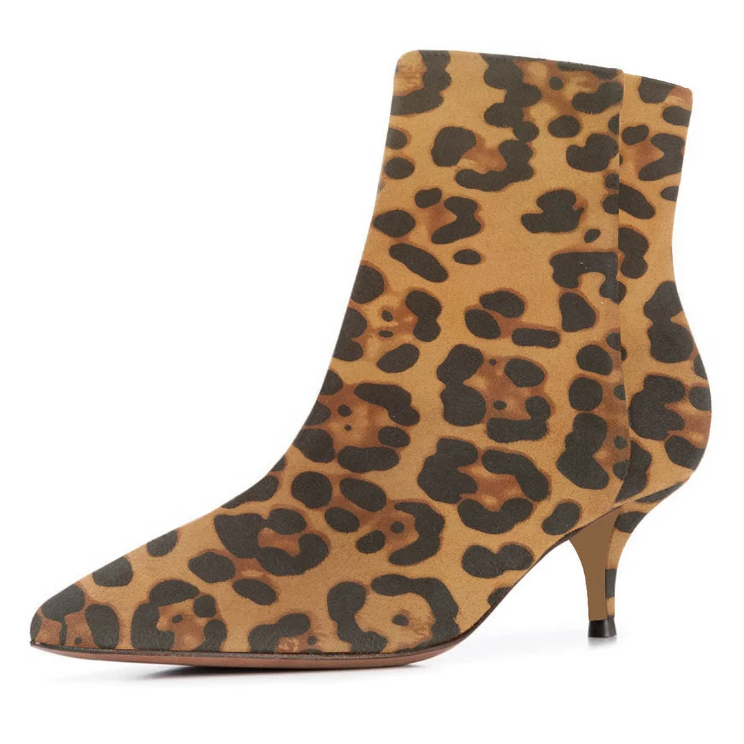Vegan Suede Pointed Toe Kitten Heel Leopard Short Boots for Women