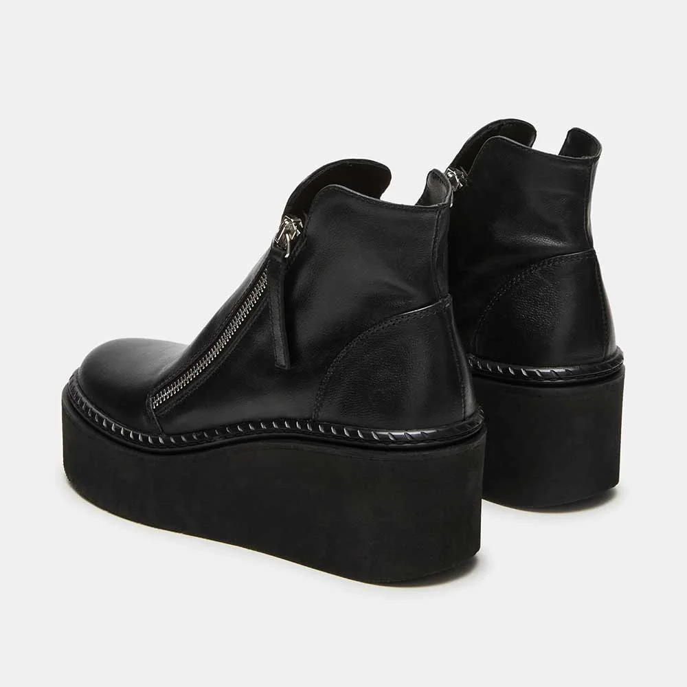 Black Round Toe Wedge Heel Platform Short Booties with Zipper