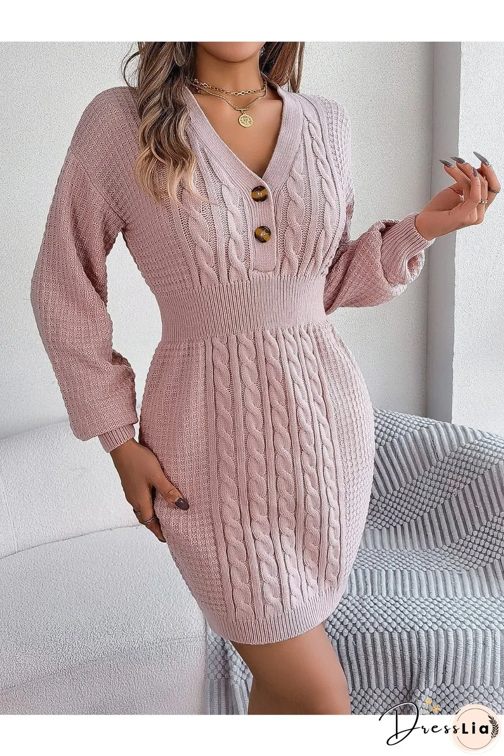 Buttoned Cable-Knit V-Neck Sweater Dress