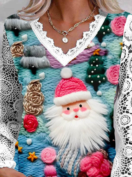 Women Long Sleeve V-neck Santa Claus Printed Lace Christmas Tops