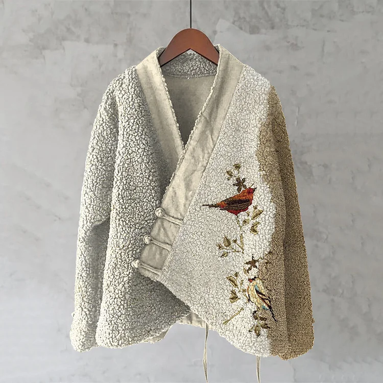 Retro Gilded Birds Japanese Art Fleece Kimono Cardigan