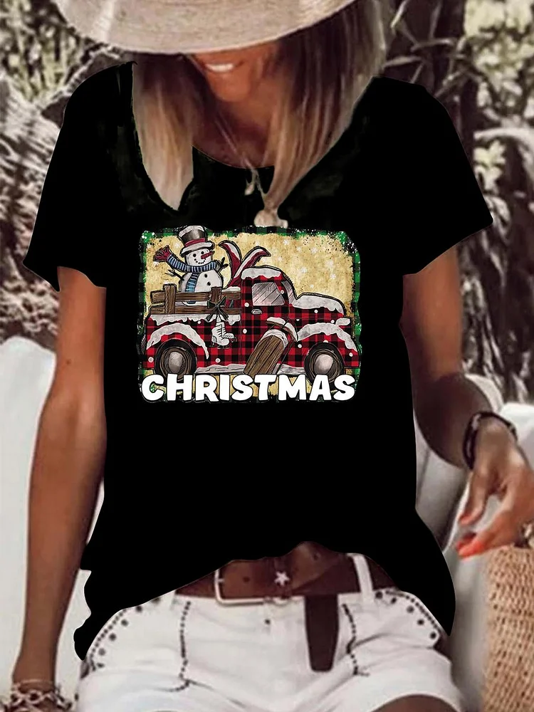 Christmas truck snowman Raw Hem Tee-Annaletters