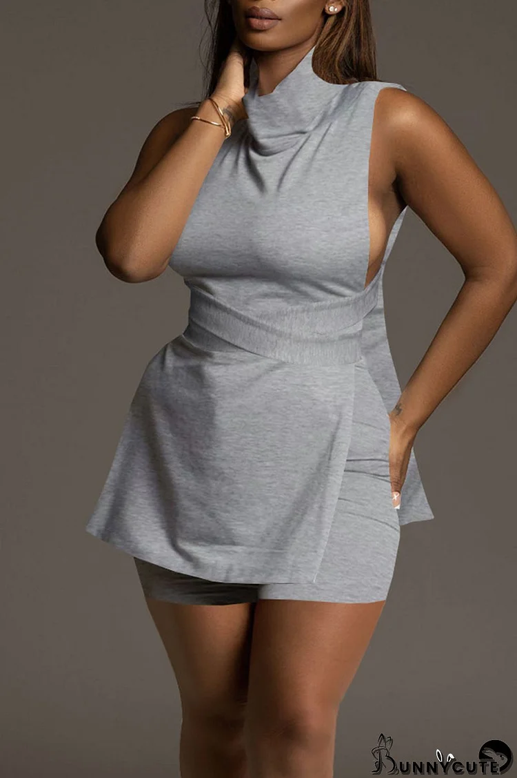 Grey Sexy Solid Bandage Hollowed Out Patchwork Asymmetrical Turtleneck Sleeveless Two Pieces