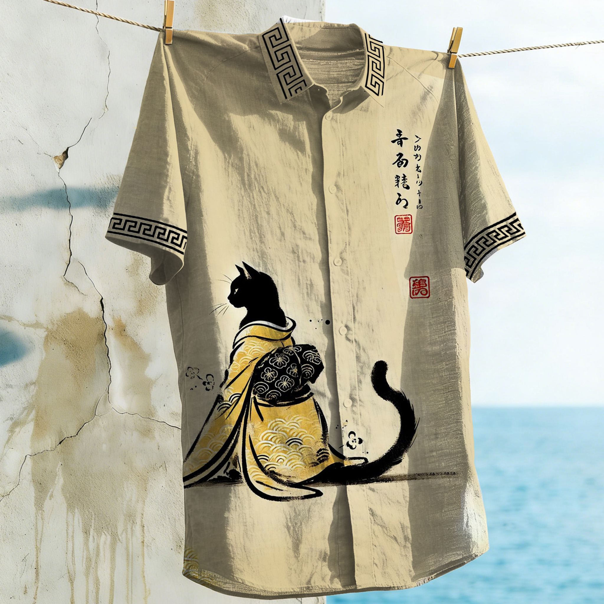 Comstylish Japanese Geisha Cat Design Vacation Print Shirt