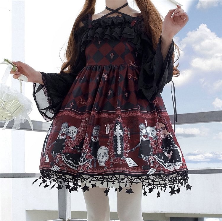 Lolita Ghost Pattern Printed Cosplay Costume for Women Gothic Jsk Ruffle Cross Decorated Retro Strap Tulle Dress Tea Party Skirt - BlackFridayBuys