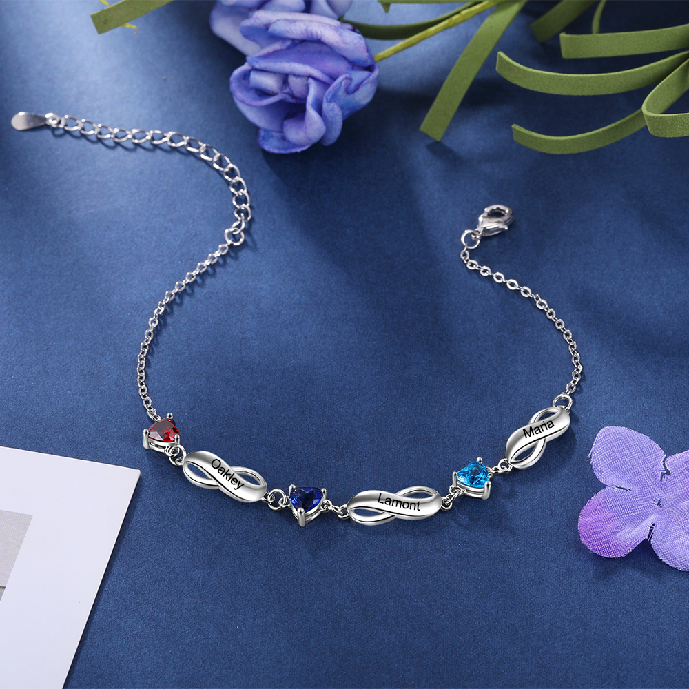Infinity Bracelet with 3 Heart Shape Birthstones Family Bracelet for Mom