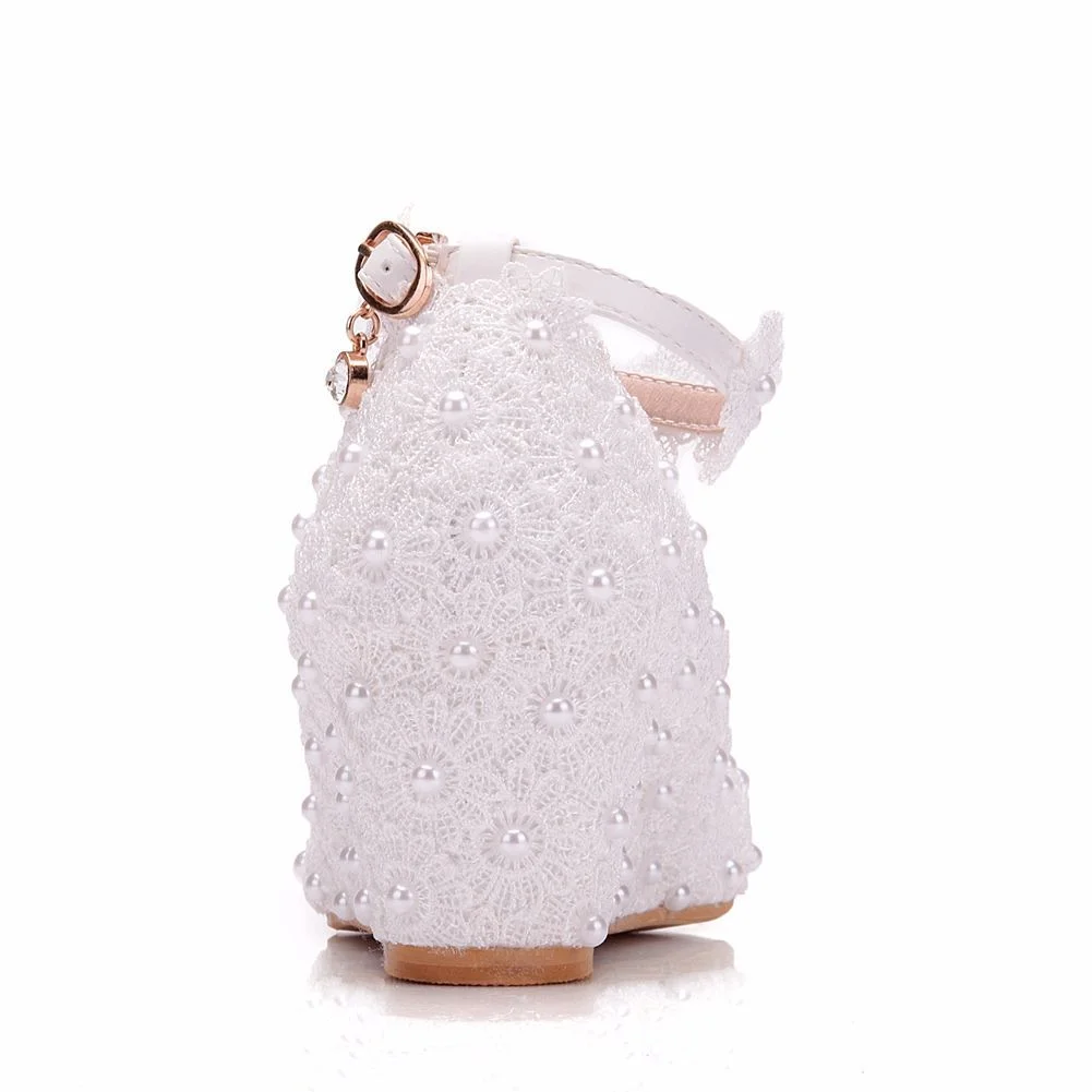 Breakj Breakj Heel White Lace Pearl High Heels Women's Shoes Slopes High Heels High Heels Wedding Shoes Shallow Buckle Round Head Single Gift Shoes