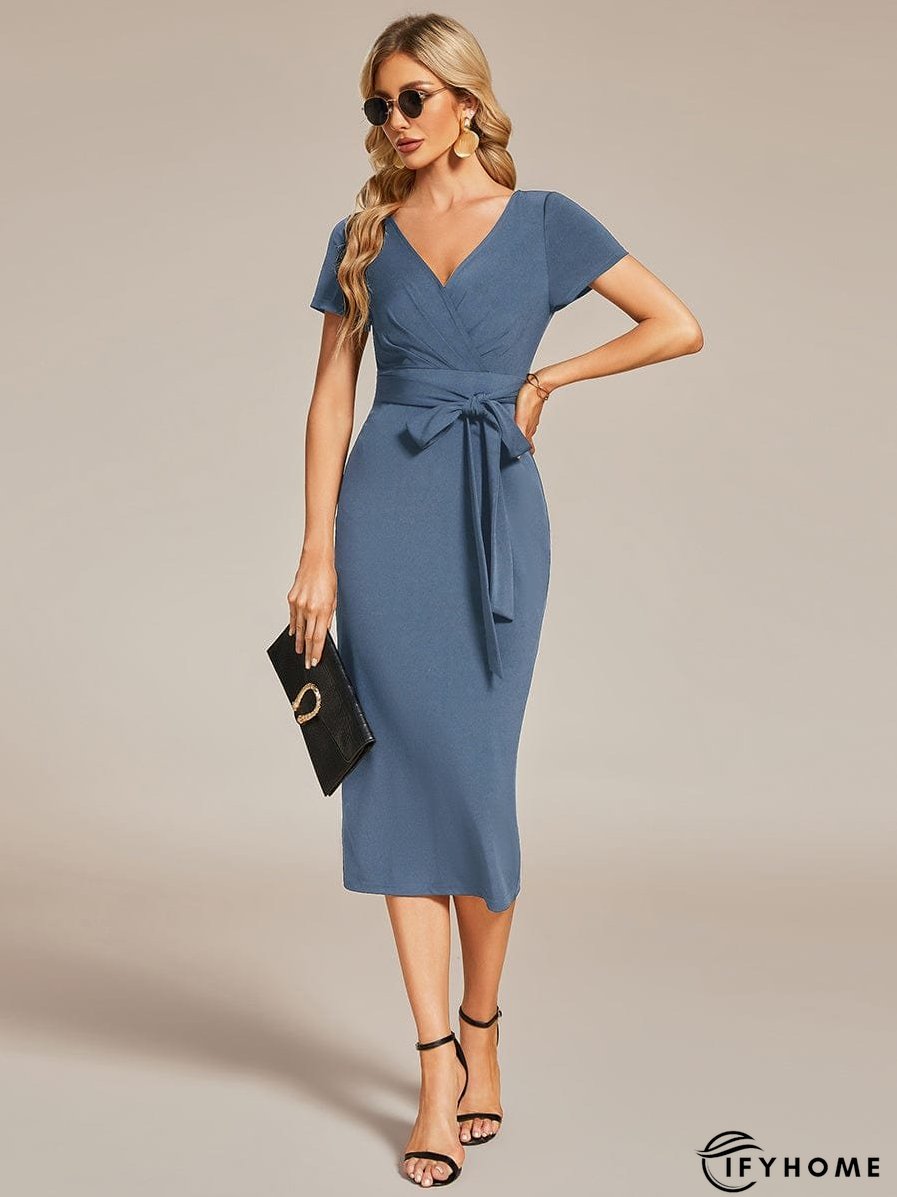Elegant Deep V Neck Short Sleeve Cocktail Dress with Waist Belt | IFYHOME