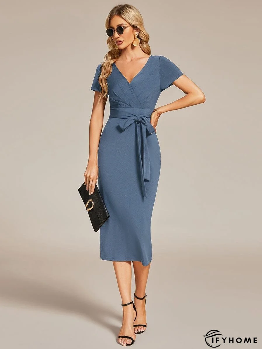 Elegant Deep V Neck Short Sleeve Cocktail Dress with Waist Belt | IFYHOME