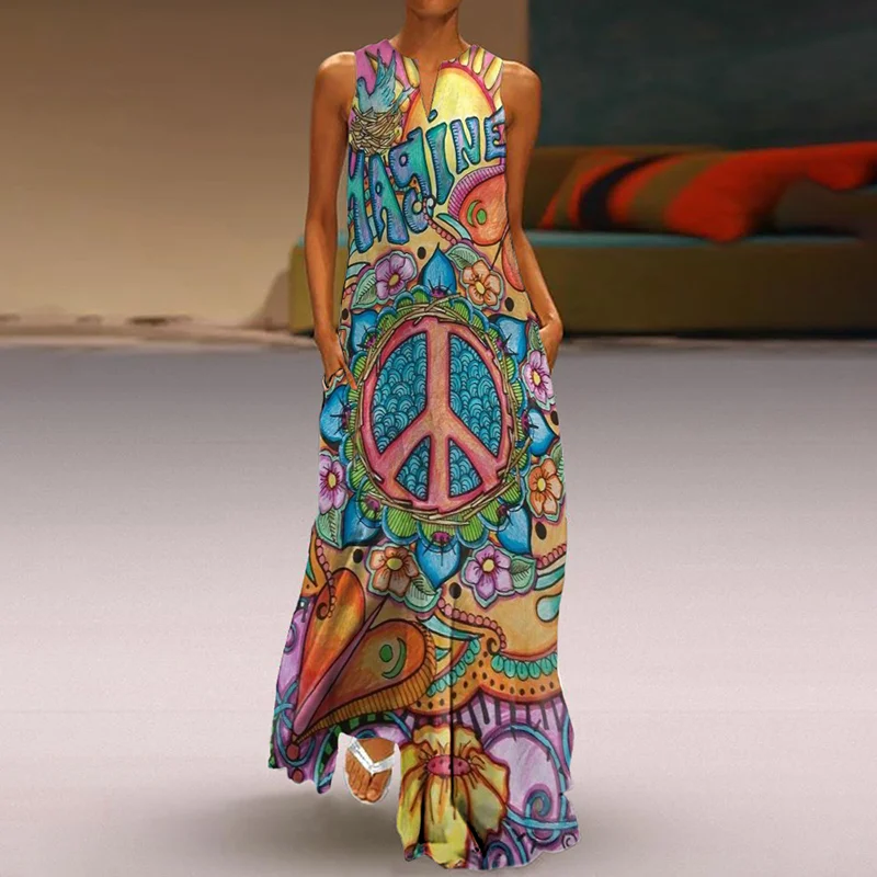 V-Neck Hippie Print Maxi Dress