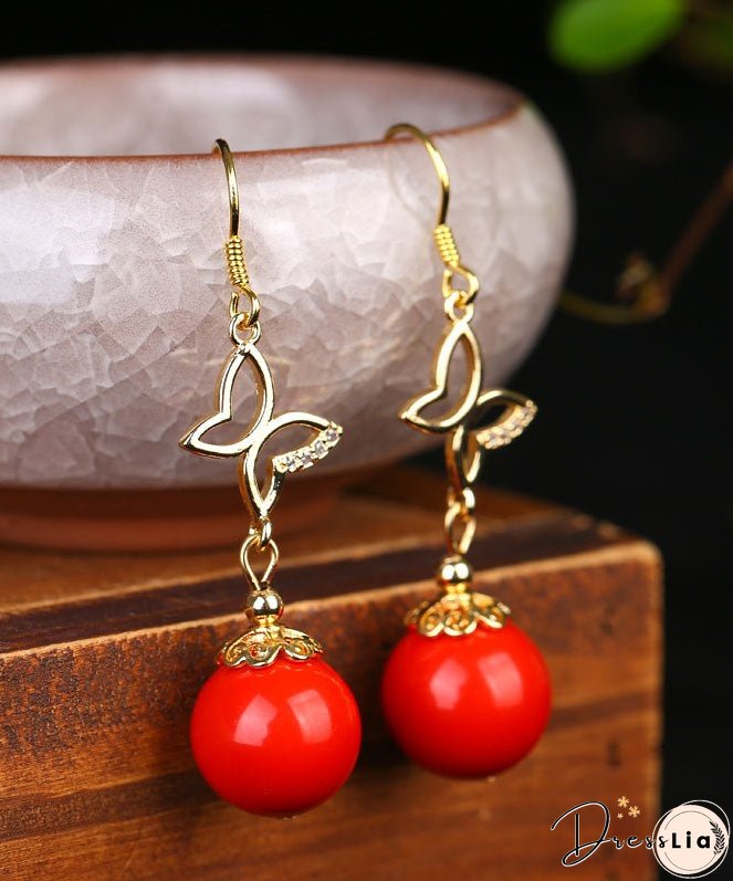 Retro Red Cinnabar Sterling Silver Overgild Zircon Drop Earrings