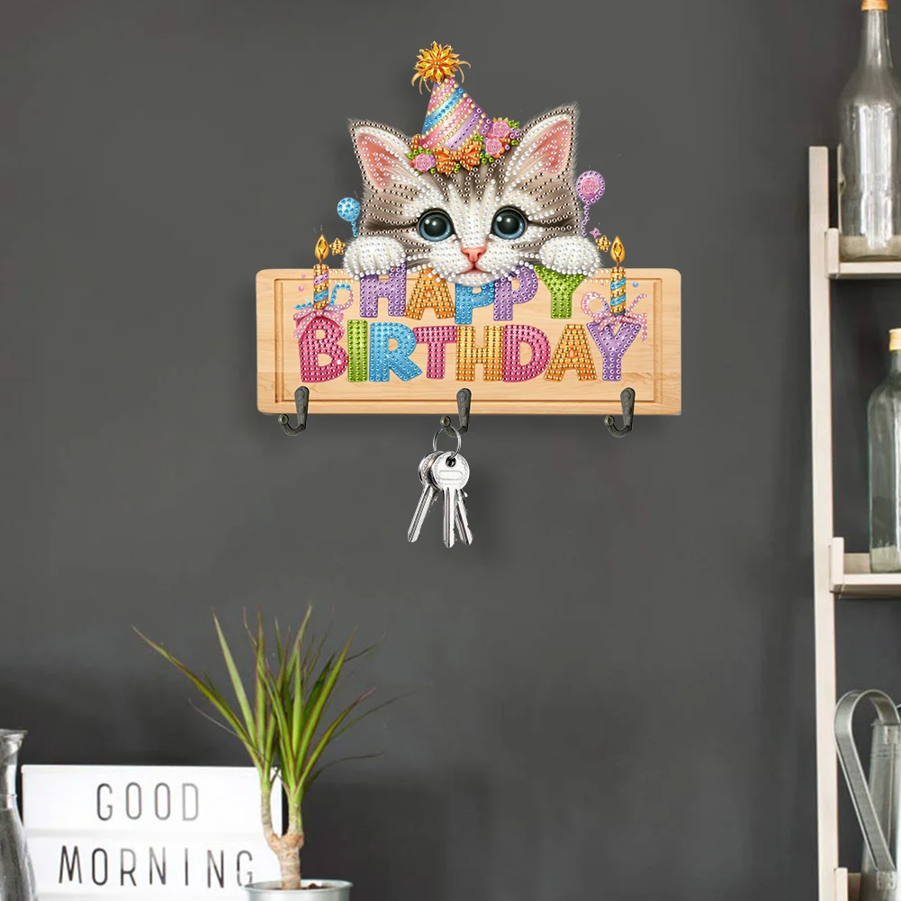 DIY Happy Birthday Cat Wooden Special Shape 3 Hooks No Punch Diamond Painting Hook Rail