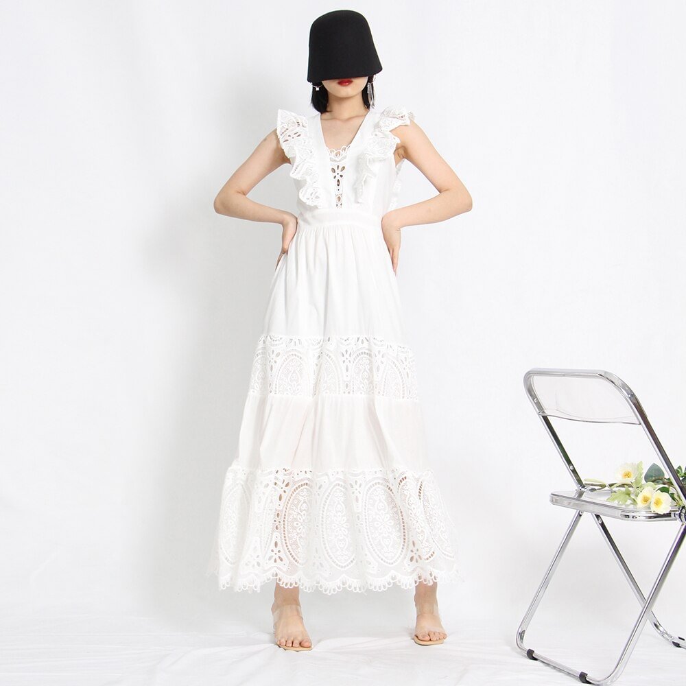 Toloer Lace Trim Vintage Dress For Women V Neck Sleeveless High Waist Ruffle Trim Midi Dresses Female Summer Clothing 2022