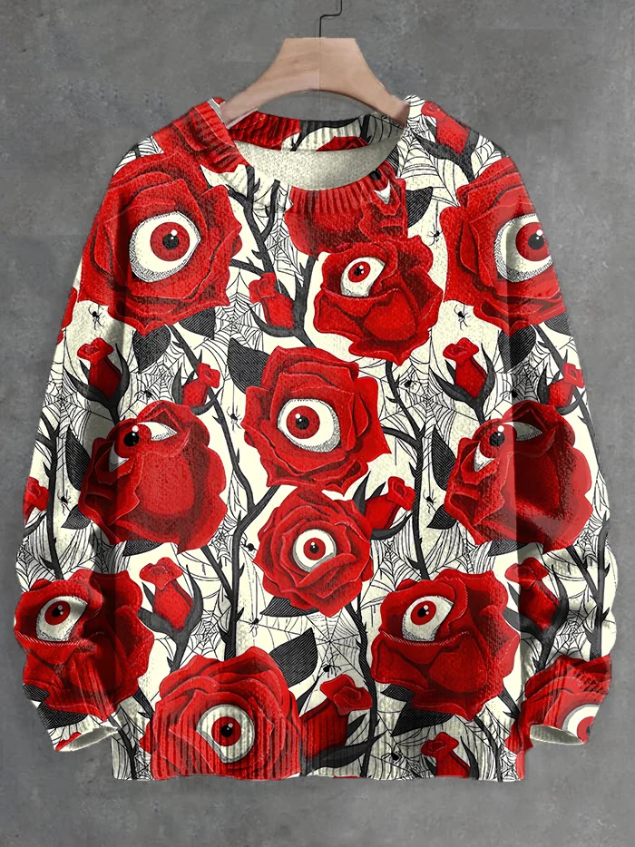 Men's Halloween Eyeball Rose Spider Web Art Print Knit Sweatshirt