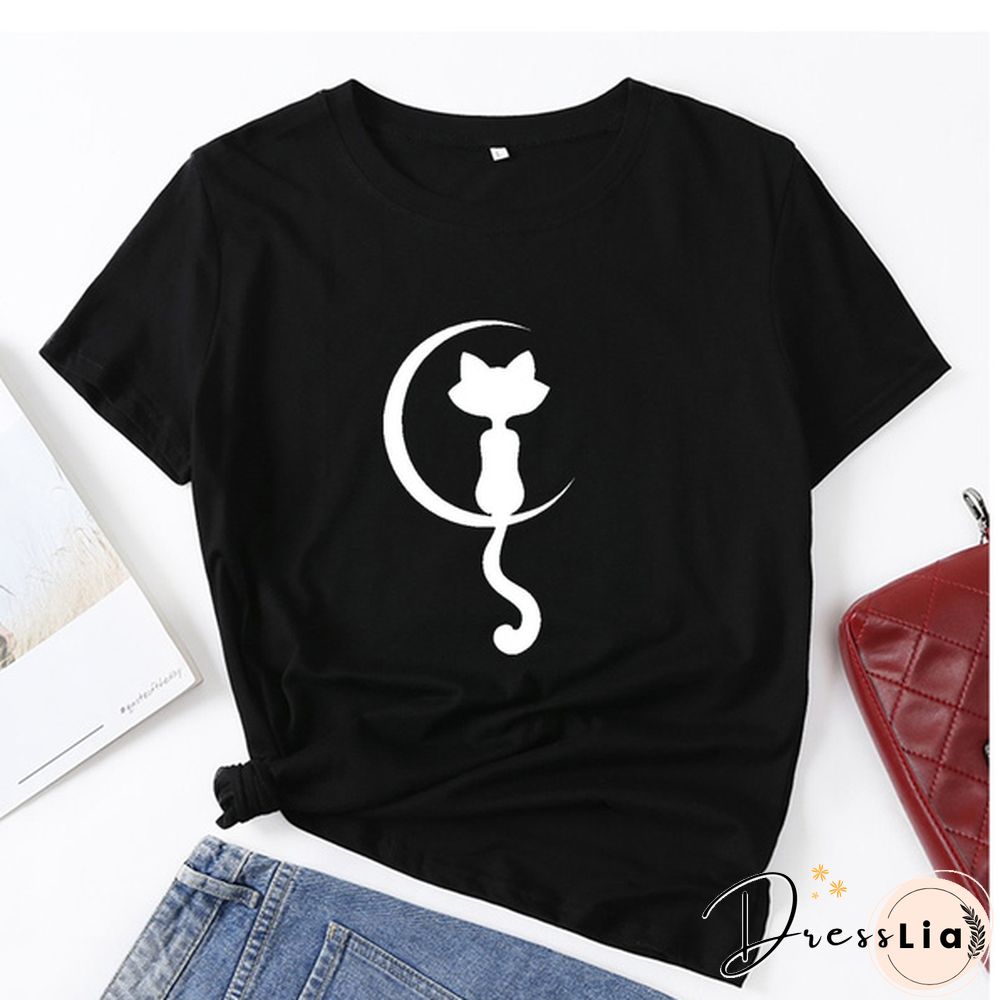 Women Fashion Cat Print T-shirt Summer Casual Short Sleeve Tee Shirt Ladies Round Neck Loose T-shirt