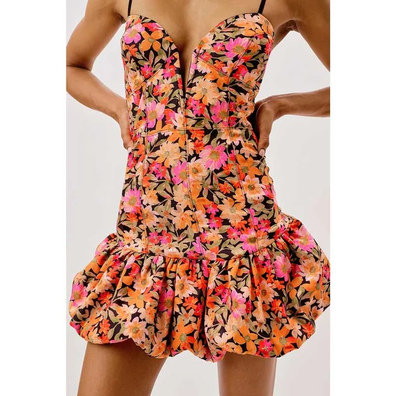 BOHO INSPIRED tropical floral print mini dress V-neck straps  women dress playful bubble hem summer dress new bodycon dress