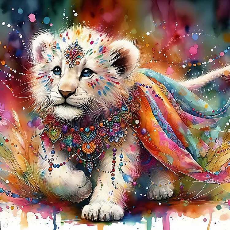 Indian White Lion With Colorful Feathers 40*40CM (Canvas) Full Round Drill Diamond Painting gbfke