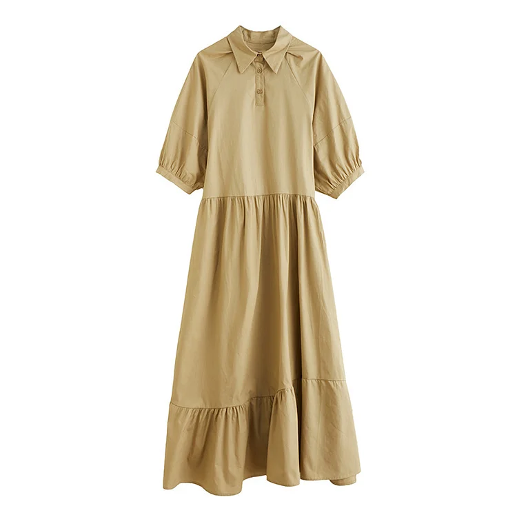 Literary Solid Color Lapel Midi Dress